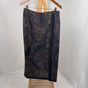 Talbots Maxi Skirt Womens 6 Black Brown Paisley Silk Wool Blend Wrap Look